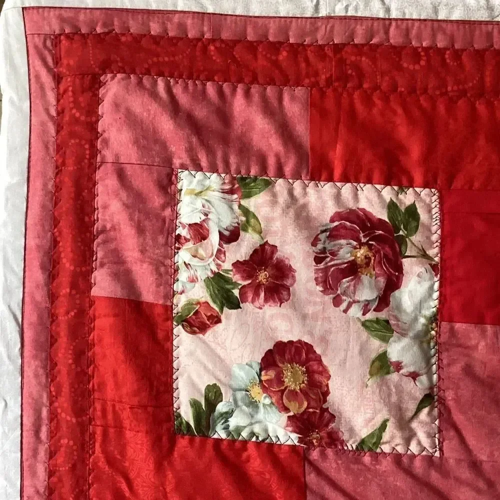 NWT. Floral Red and Pink Peonies Hand Crafted Quilt